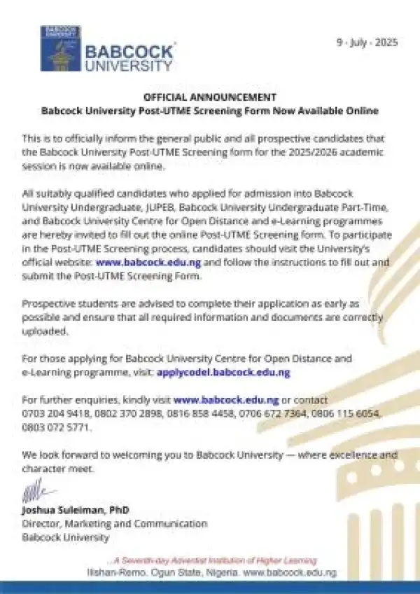 Babcock University Post-UTME/DE 2025: Cut-off mark, Eligibility and Registration Details