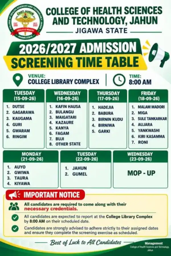 Jigawa State College of Health Science schedule for physical screening, 2026/2027