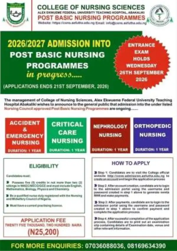 AE-FUTHA College of Nursing Sciences Post Basic Nursing Admission, 2026/2027