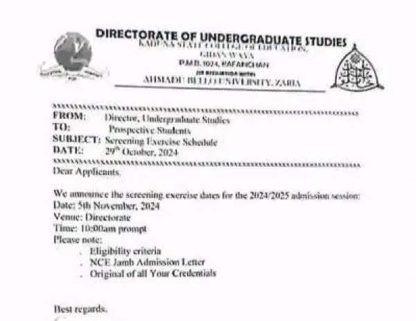 Kaduna COE announces screening for prospective undergraduate students, 2024/2025