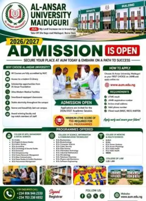 Al-Ansar University, Maiduguri Post-UTME 2026: Cut-off mark, Eligibility and Registration Details