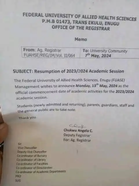 Fed University of Allied Health Sciences, Enough notice of resumption, 2023/2024