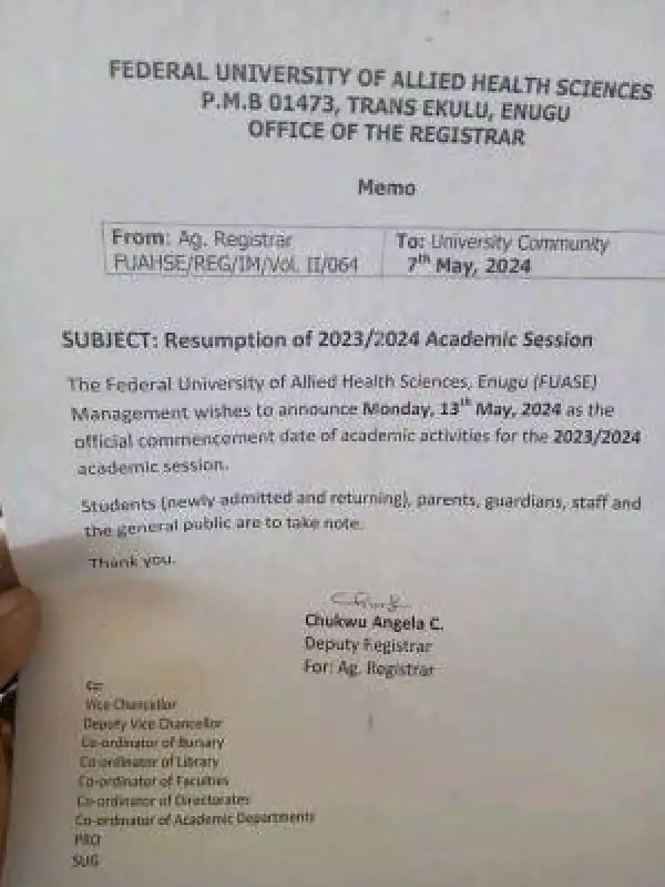 Fed University of Allied Health Sciences, Enough notice of resumption, 2023/2024