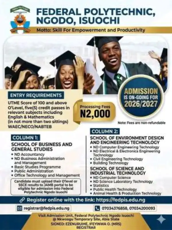 Federal Polytechnic, Isuochi releases Admission form, 2026/2027