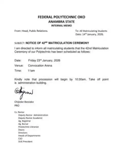 Federal Polytechnic Oko announces 42nd Matriculation Ceremony