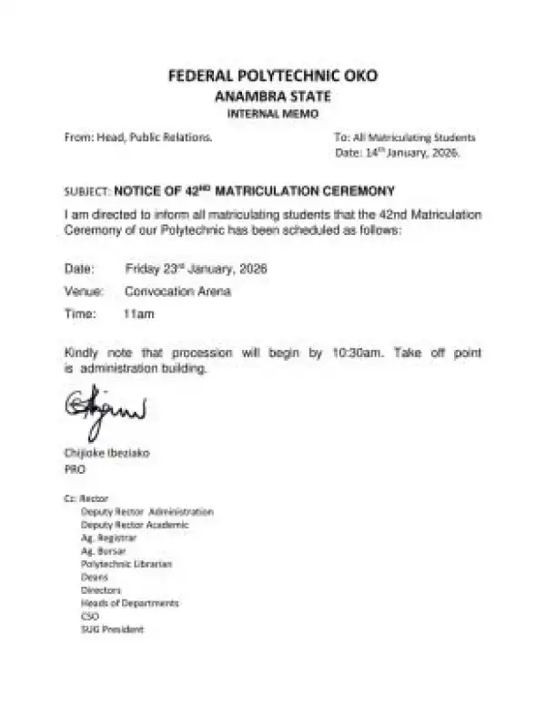 Federal Polytechnic Oko announces 42nd Matriculation Ceremony