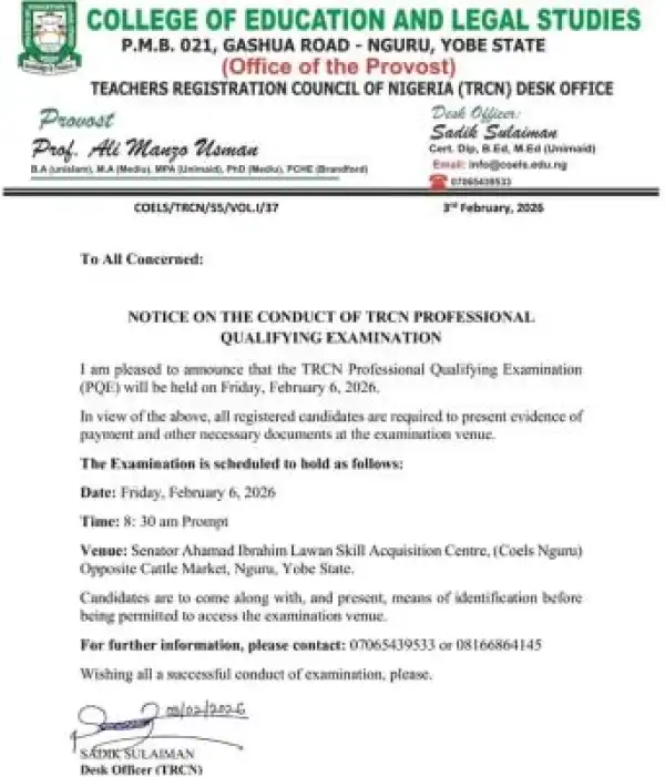 College of Education and Legal Studies, Nguru update on TRCN 2026 exam