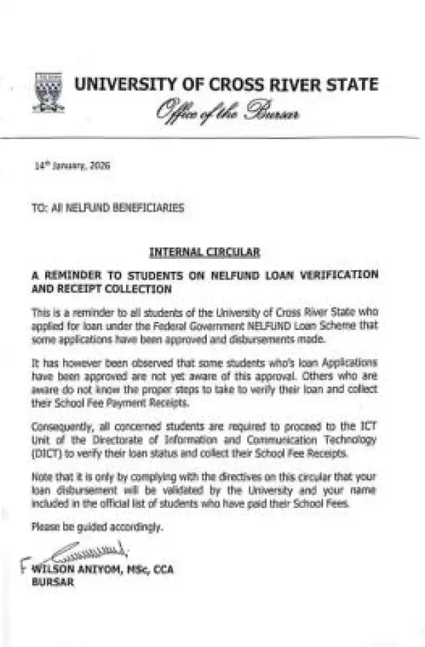 UNICROSS notice to students on NELFUND loan verification and Receipt collection