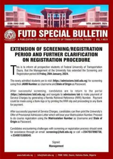 FUTD extends screening/registration period & further clarification on registration procedure