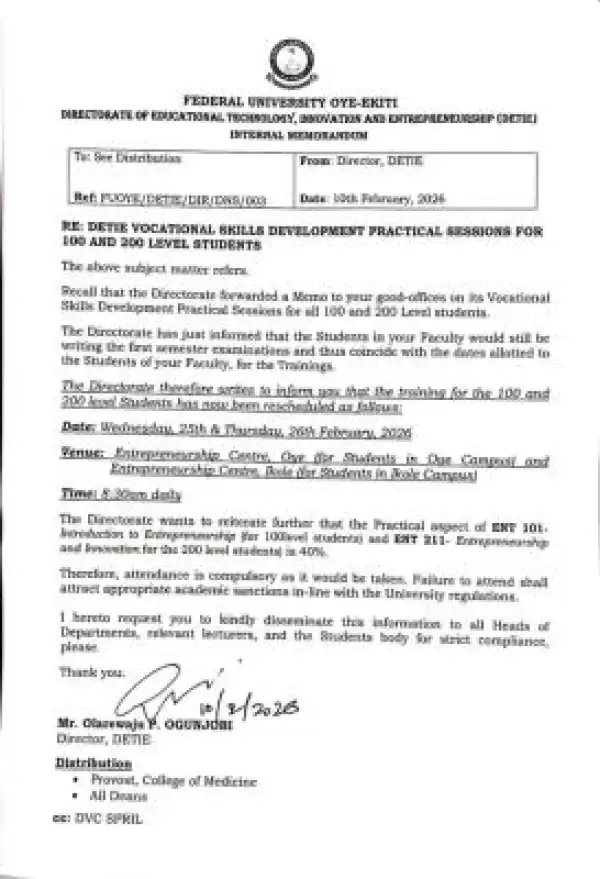 FUOYE reschedules DETIE Vocational Skills practical training for 100 & 200 level students