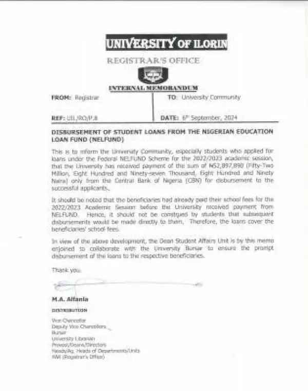 UNILORIN begins disbursement of students