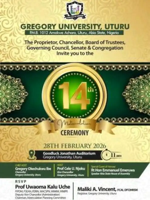 Gregory University, Uturu to Hold 14th Matriculation Ceremony
