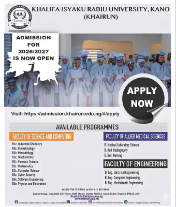 Khalifa Isyaku Rabiu University, Kano undergraduate admissions, 2026/2027