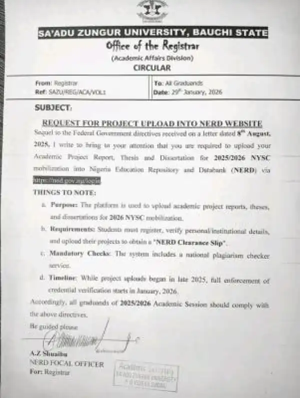 SAZU notice to graduands on upload of projects to NERD Portal for 2026 NYSC Mobilization