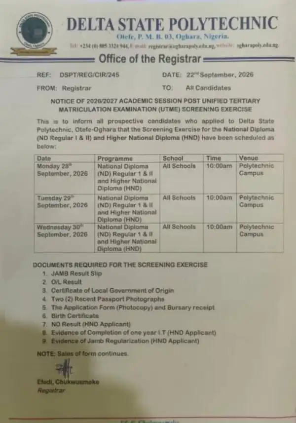 Delta State Polytechnic, Oghara Post-UTME Screening Dates, 2026/2027
