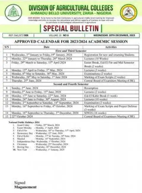 ABU Zaria Division of Agricultural College approved calender, 2023/2024