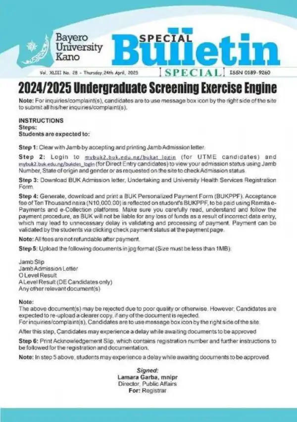 BUK registration steps for newly admitted students, 2024/2025