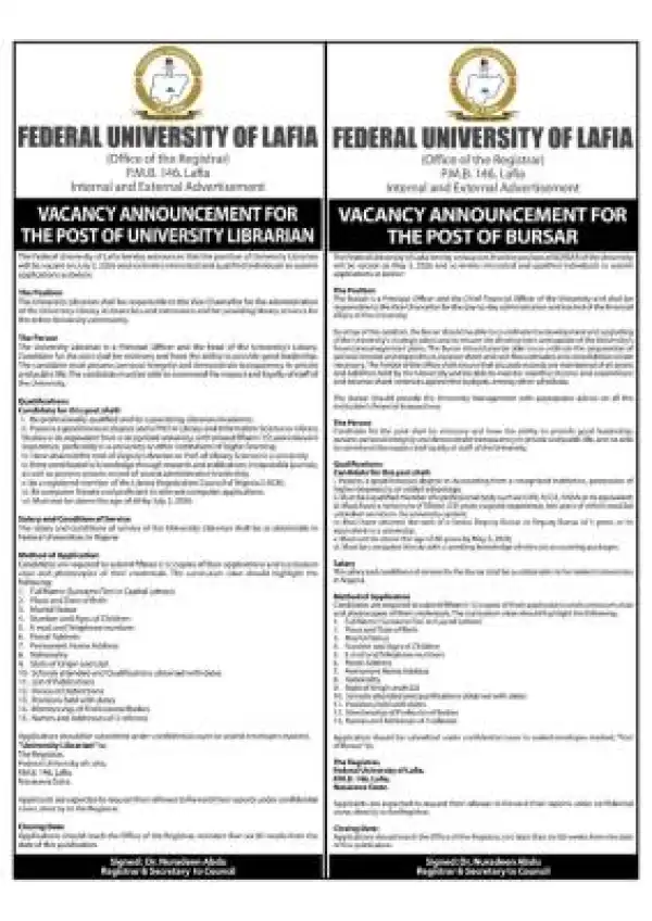 Federal University of Lafia announces job vacancies