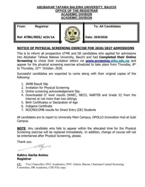 ATBU notice on physical screening exercise 2026/2027