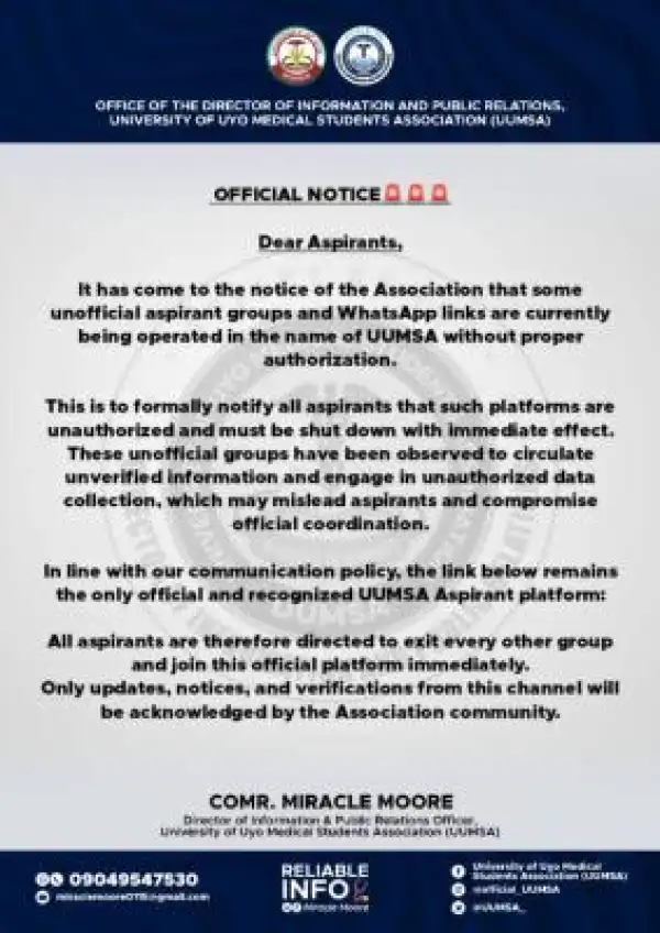 UNIUYO Medical Students’ Association notice to prospective students
