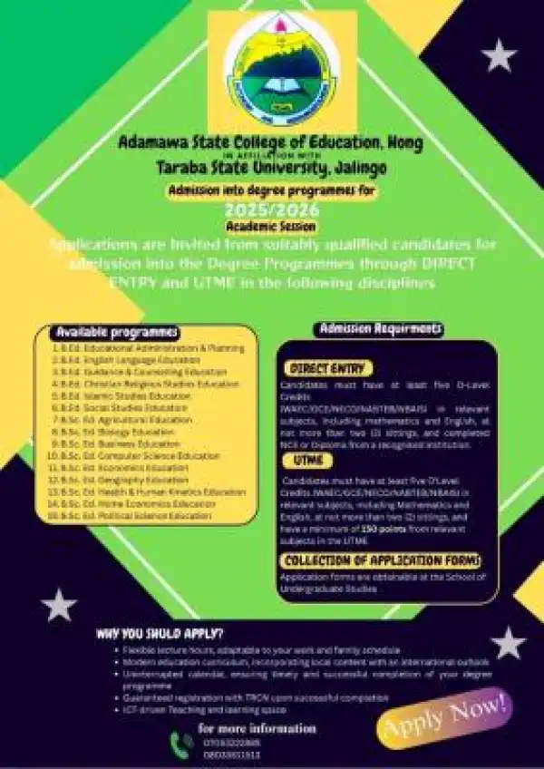 Adamawa State COE (TASU affiliated) Degree Admission form, 2025/2026