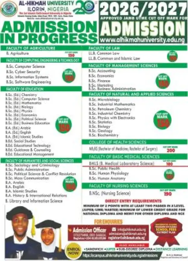 Al-Hikmah University Post-UTME/DE 2026: Cut-off mark, Eligibility and Registration Details