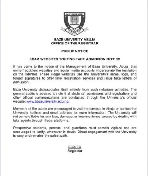 Baze University notice on scam websites touting fake admission letters