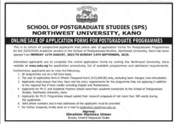 Northwest University releases Postgraduate admission form, 2025/2026