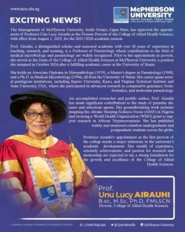 McPherson University appoints Prof. Unu Lucy as pioneer Provost