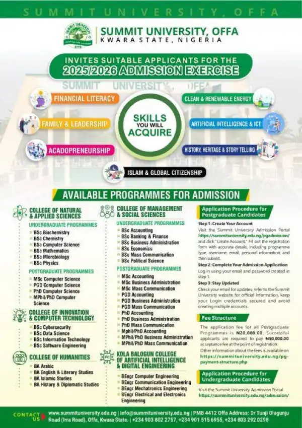 Summit University Post-UTME 2025: eligibility and registration details