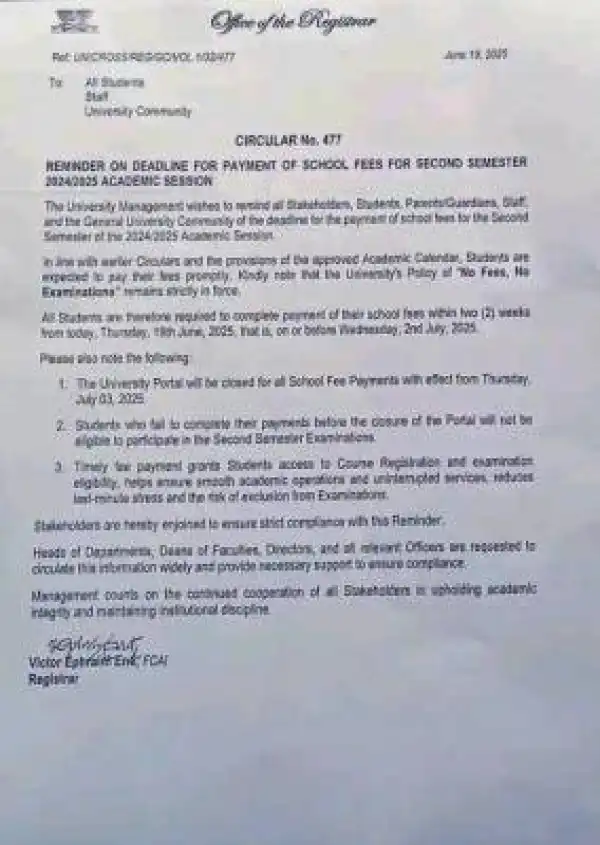 UNICROSS issues important reminder on deadline for payment of school fees