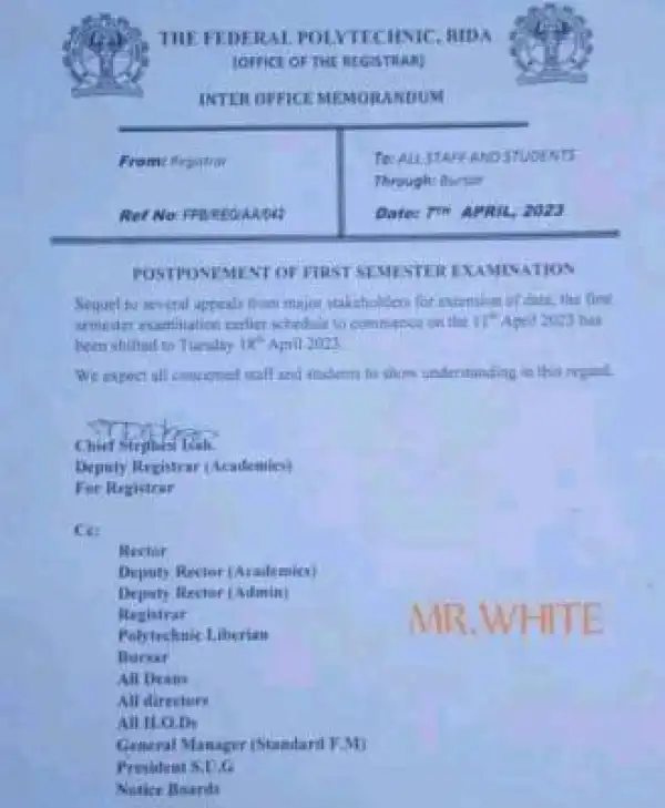 Fed Poly Bida notice on postponement of first semester examination