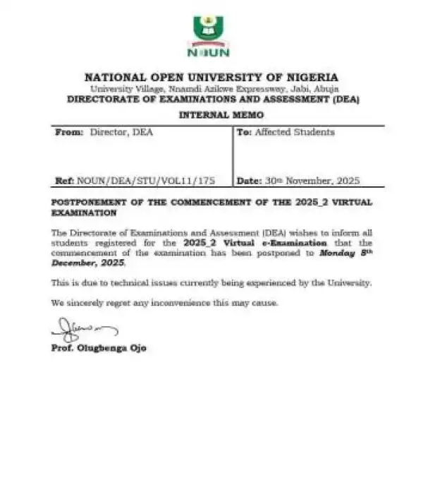 NOUN postpones commencement of 2025_2 Virtual examination