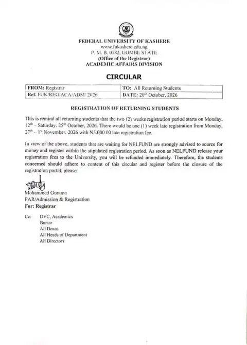 FUKASHERE notice on registration of returning students