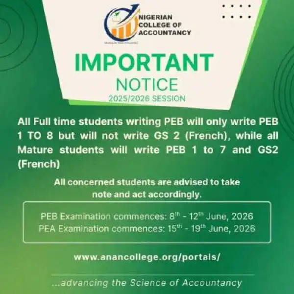 Nigerian College of Accountancy notice on PEB and PEA examinations