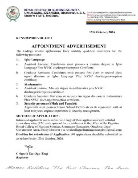Royal College of Nursing Sciences Job vacancies for Lecturers, Graduate Assistants, Security Personnel