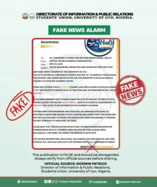 UNIUYO SUG disclaimer notice regarding a fake new on concerning NELFUND disbursement
