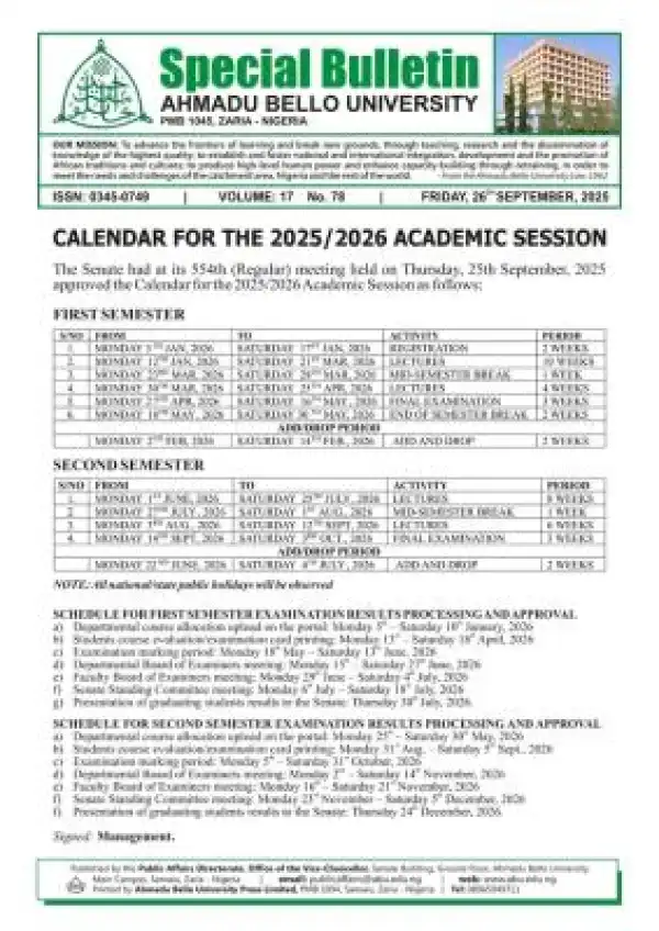 ABU releases approved academic calendar, 2025/2026