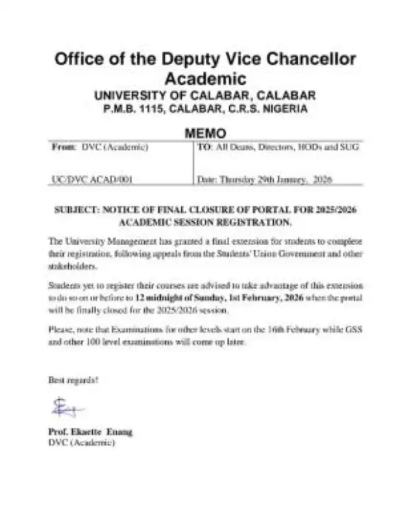 UNICAL announces final deadline for course registration, 2025/2026