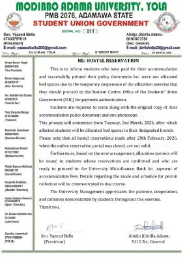 MAUTECH SUG update on hostel reservation