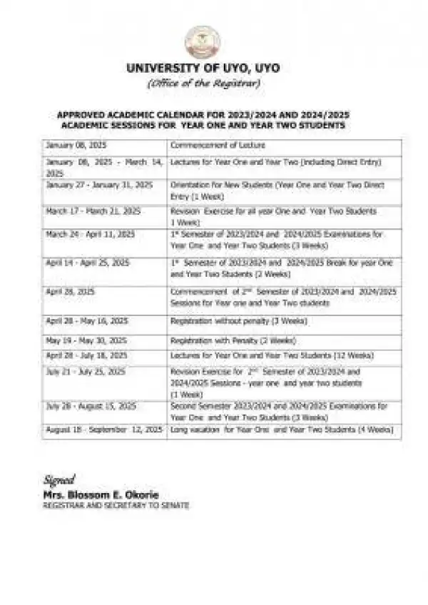 UNIUYO releases approved academic calendar, 2024/2025