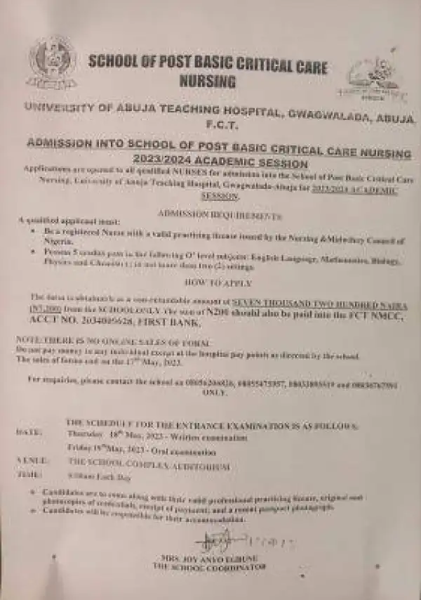 UNIABUJA Teaching Hospital Post-Basic Critical Care Nursing Admission, 2023/2024