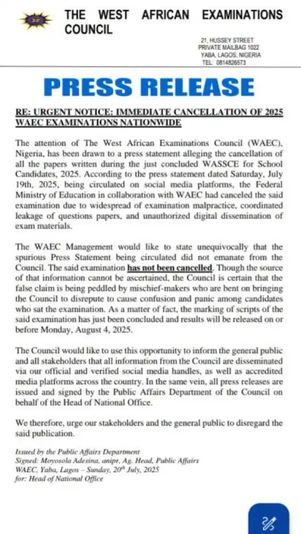 WAEC, Ministry of Education debunk rumoured cancellation of 2025 WASSCE