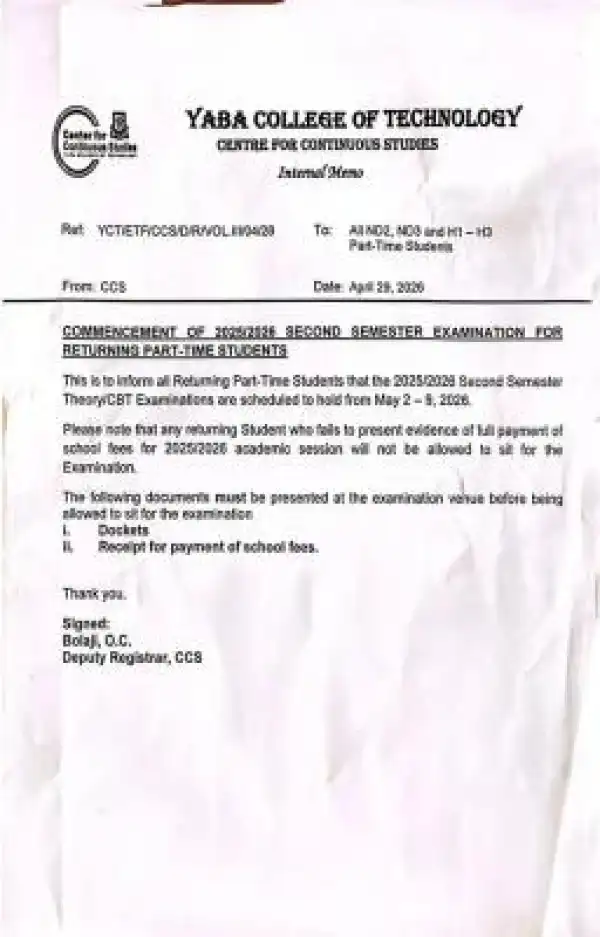 YABATECH announces commencement of 2025/2026 2nd semester examinations