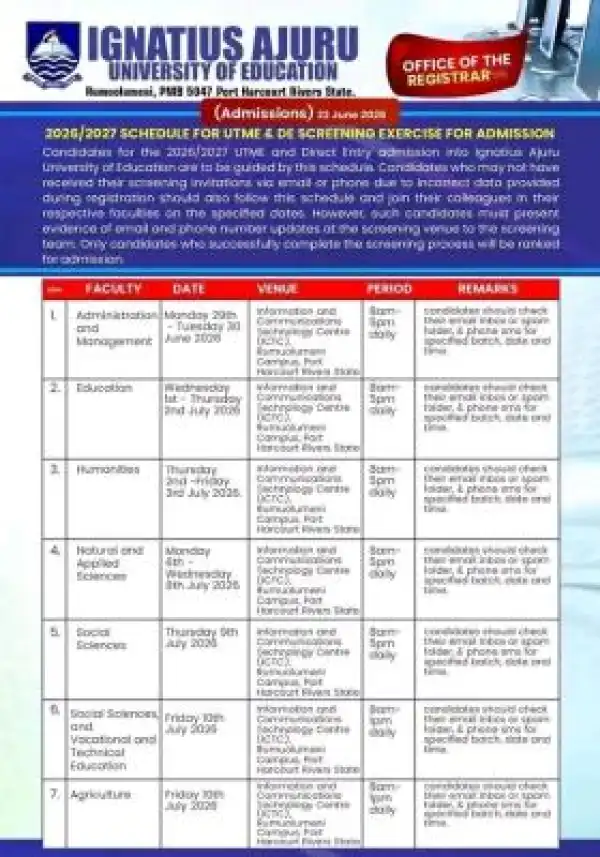 Ignatius Ajuru University of Education Post-UTME/DE screening schedule, 2026/2027