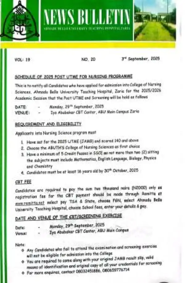 ABUTH, Zaria schedule of Post UTME for Nursing candidates, 2025
