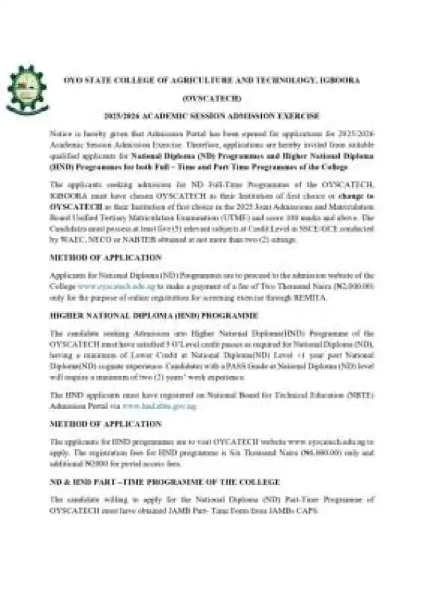 OYSCATECH Post-UTME 2025: Cut-off mark, Eligibility and Registration Details