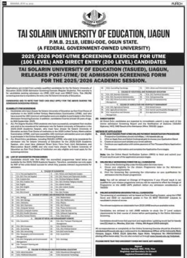 TASUED Post-UTME/DE 2025: eligibility and registration details
