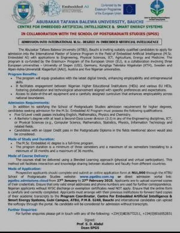 ATBU invites applications for Msc. Degree in Embedded Artificial Intelligence