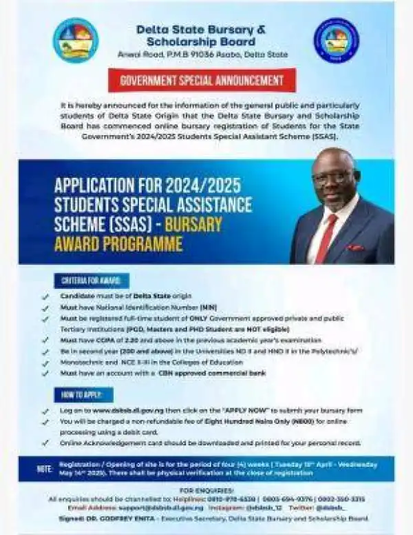 Delta State Bursary and Scholarship Award application form, 2024/2025